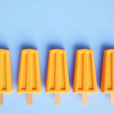 Mavi arka planda çubuk üzerinde meyveli dondurma. 3d oluşturma