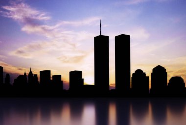 New York silueti ve gün batımına karşı İkiz Kuleler. Vatanseverlik Günü afişi. 9.11.2001