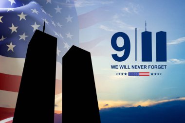İkiz Kuleler 'in silueti ve gün batımında Amerikan bayrağı. Vatanseverlik Günü afişi. 9.11.2001