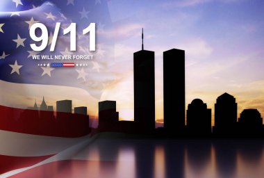 New York silueti, gün batımına karşı İkiz Kuleler ve ABD bayrağı. Vatanseverlik Günü afişi. 9.11.2001