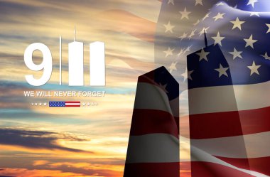 Amerikan bayrağıyla gün batımına karşı İkiz Kulelerin Silueti. Vatanseverlik Günü afişi. 9.11.2001