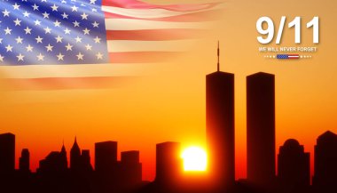 New York silueti ve gün batımına karşı İkiz Kuleler. Vatanseverlik Günü afişi. 9.11.2001