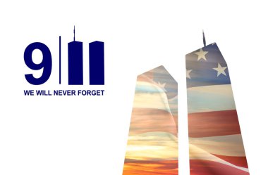 Beyaz zemin üzerinde Amerikan bayrağı olan İkiz Kulelerin Silueti. Vatanseverlik Günü afişi. 9.11.2001