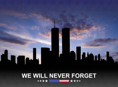 New York silueti, gün batımında gökyüzüne karşı İkiz Kuleler. Vatanseverlik Günü afişi. 9.11.2001