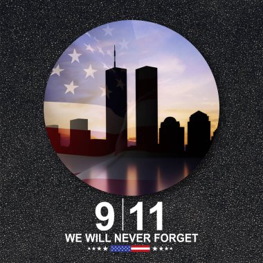 New York silueti ve İkiz Kuleler. 09.11.2001 Amerikan Vatanseverlik Günü afişi. NYC Dünya Ticaret Merkezi