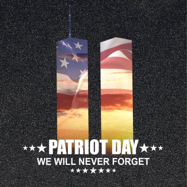 Siyah desenli arka planda İkiz Kuleler silueti. 11 Eylül 2001. Vatanseverlik Günü. Asla unutmayacağız. 3d oluşturma