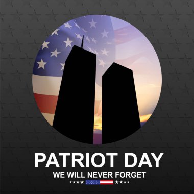 ABD bayraklı İkiz Kuleler silueti. 11 Eylül 2001. Vatanseverlik Günü. Asla unutmayacağız. 3d oluşturma