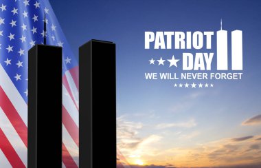 ABD bayraklı İkiz Kuleler silueti. 11 Eylül 2001. Vatanseverlik Günü. Asla unutmayacağız. 3d oluşturma