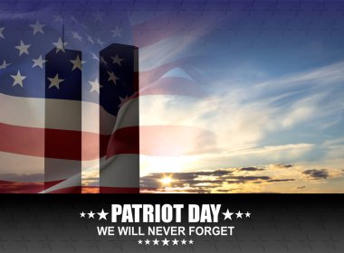 ABD bayraklı İkiz Kuleler silueti. 11 Eylül 2001. Vatanseverlik Günü. Asla unutmayacağız. 3d oluşturma