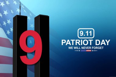 09.11.2001 Amerikan Vatanseverlik Günü afişi. Mavi arka planda ABD bayrağı olan İkiz Kulelerin Silueti. EPS10 vektörü