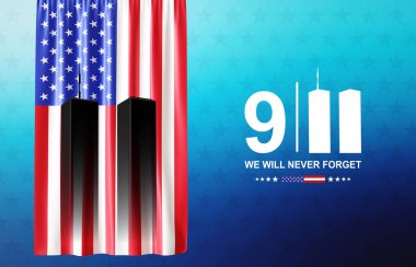 09.11.2001 Amerikan Vatanseverlik Günü afişi. Mavi arka planda Amerikan bayrağı üzerinde yıldızlar olan kuleler. Asla unutmayacağız.