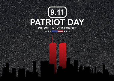 09.11.2001 Amerikan Vatanseverlik Günü afişi. Siyah arka planda kırmızı kuleleri olan New York silueti. 3d oluşturma