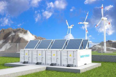 Enerji depolama sistemleri ya da güneş panelleri ve rüzgar türbinleri olan batarya konteynır üniteleri. Çevre enerjisi kavramı. 3d oluşturma