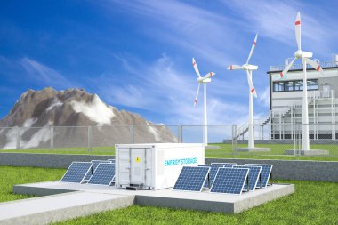 Enerji depolama sistemleri ya da güneş panelleri ve rüzgar türbinleri olan batarya konteynır üniteleri. Çevre enerjisi kavramı. 3d oluşturma