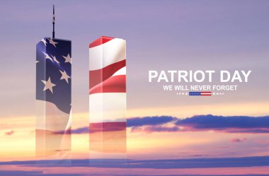Bulutlu gün batımı gökyüzünün arka planında kulelerin silueti. 09.11.2001 Amerikan Vatanseverlik Günü afişi. Asla unutmayacağız. 3d oluşturma