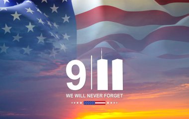 09.11.2001 Amerikan Vatanseverlik Günü afişi. Gün batımına karşı ABD bayrağı