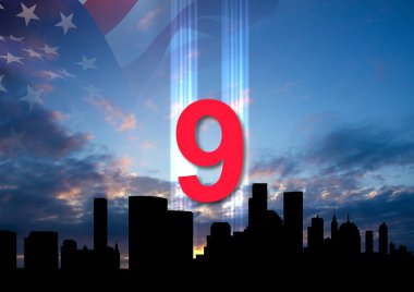 New York silueti gökyüzüne karşı ışıktan kulelerin silueti. Vatanseverlik Günü afişi. 9.11.2001