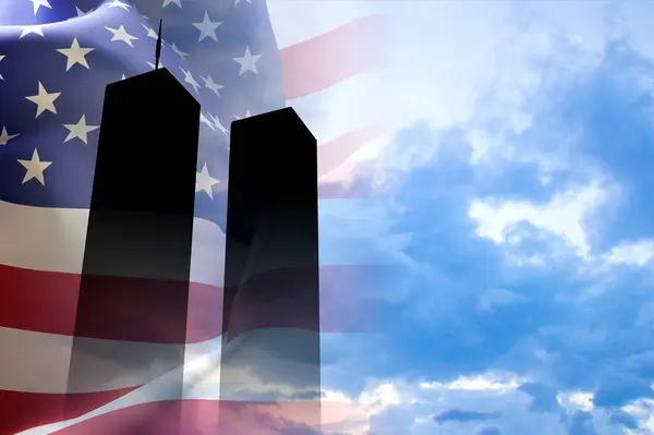 stock image Silhouette of Towers on background of cloudy sky. 09.11.2001 American Patriot Day banner. We will never forget. 3d-rendering