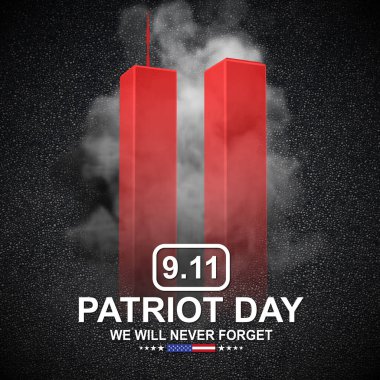 09.11.2001 Amerikan Vatanseverlik Günü afişi. Siyah arkaplanda kulelerin silueti. 3d oluşturma