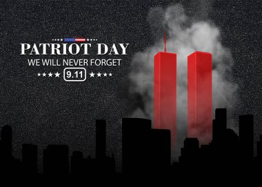 09.11.2001 Amerikan Vatanseverlik Günü afişi. Siyah arka planda kırmızı kuleleri olan New York silueti. 3d oluşturma