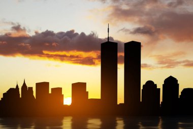 New York silueti, gün batımında gökyüzüne bakan kuleler. Vatanseverlik Günü afişi. 9.11.2001