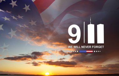 09.11.2001 Amerikan Vatanseverlik Günü afişi. Gün batımına karşı ABD bayrağı