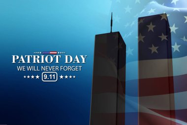 Mavi arka planda kuleleri olan New York silueti. Vatanseverlik Günü afişi. 9.11.2001