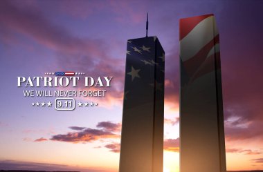 Gün batımında kulelerin silueti ve ABD bayrağı. Vatanseverlik Günü afişi. 9.11.2001