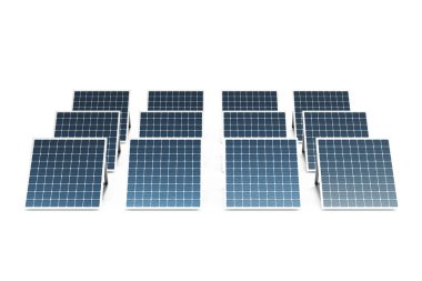 Güneş panelleri beyaz arkaplanda izole edilmiş. Yenilenebilir güneş enerjisi. Alternatif enerji. 3d oluşturma