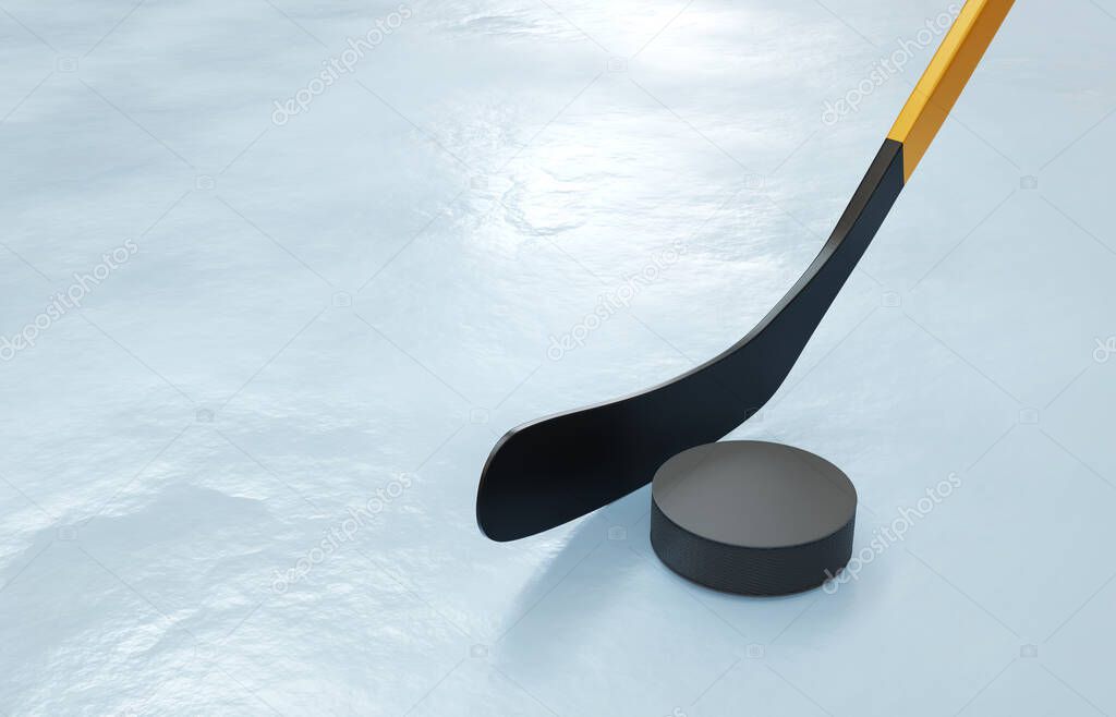 Hockey stick and puck on ice. 3d-rendering