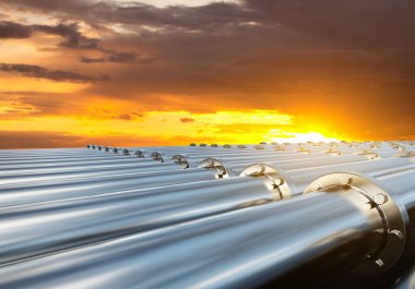 Gün batımına karşı boru hattı. Yakıt endüstrisi ulaşım hattı bağlantısı. 3d oluşturma