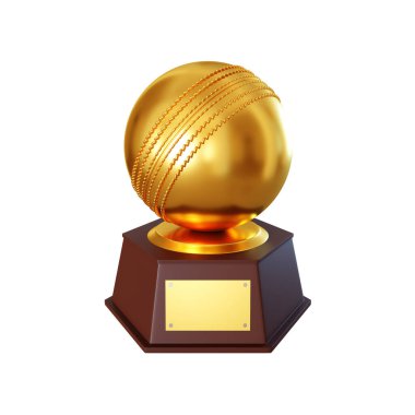 Beyaz arka planda izole edilmiş kaidedeki altın kriket topu. 3d oluşturma