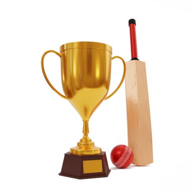 Beyaz arka planda izole edilmiş altın kupalı kriket topu ve sopa. 3d oluşturma