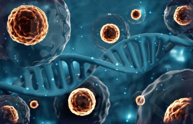 Kök hücre araştırması. Mikroskop altında DNA yapısına sahip kök hücreler. Hücresel Terapi. 3d oluşturma