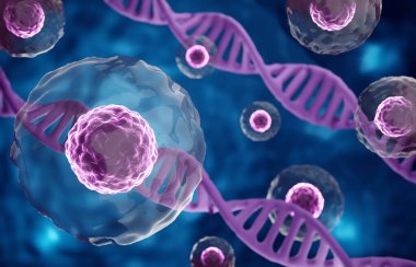 Kök hücre araştırması. Mikroskop altında DNA yapısına sahip kök hücreler. Hücresel Terapi. 3d oluşturma