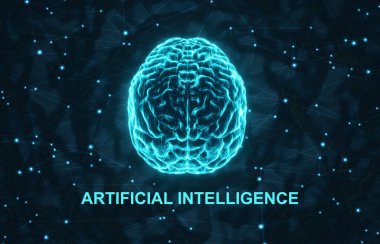 Koyu mavi arka planda parlayan bir insan beyni. Yapay zeka konsepti. 3d oluşturma