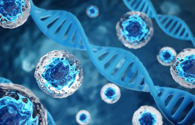 Kök hücre araştırması. Mikroskop altında DNA yapısına sahip kök hücreler. Hücresel Terapi. 3d oluşturma