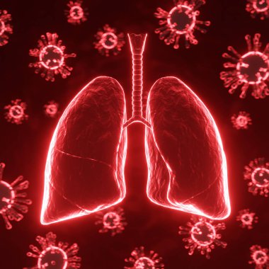 Virüs insan ciğerlerine saldırıyor. Akciğer hastalığı. Kırmızı arka planda virüs hücreli akciğerler. 3d oluşturma