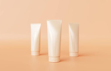 Bej arka planda krema tüpleri. Kozmetik reklamı. 3d oluşturma