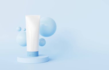 Mavi arka planda krema tüpü. Kozmetik reklamı. 3d oluşturma