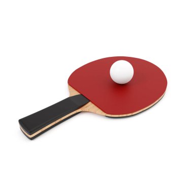 Ping pong raketi ve beyaz arka planda izole edilmiş top. 3d oluşturma