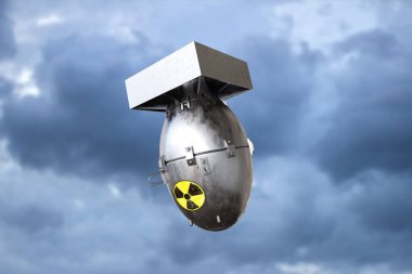Bulutlu gökyüzüne atom bombası düşüyor. 3d oluşturma