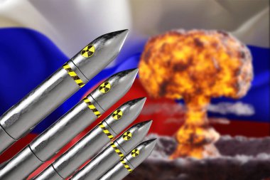 Nuclear missiles on background of Russia flag and atomic explosion. 3d-rendering clipart