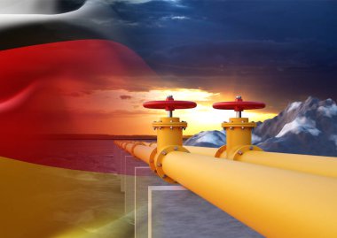 Tüpler Almanya bayrağıyla gün batımına doğru ilerliyordu. Yakıt endüstrisi ulaşım hattı bağlantısı. 3d oluşturma