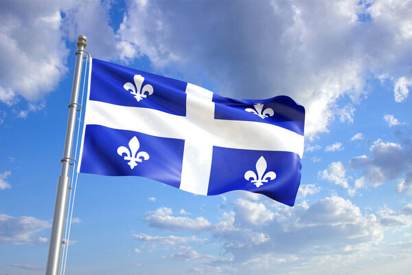 Flag of Quebec waving in the wind against the cloudy sky. Province of Canada