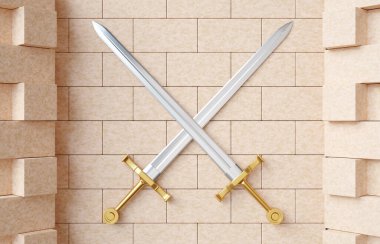 Taş bir duvarda iki kılıç çakıştı. 3d oluşturma