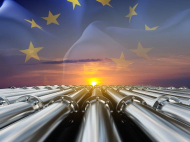 Avrupa Birliği bayrağıyla gün batımına karşı doğalgaz veya petrol boru hattı. Gaz ya da petrol ihracatı konsepti. 3d oluşturma