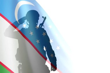 Beyaz arka planda Özbekistan bayrağı olan bir askerin silueti. Ulusal Tatil Konsepti