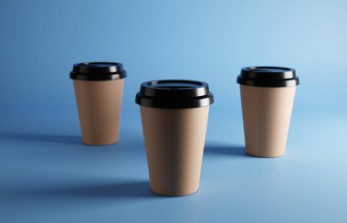 Mavi arka planda kağıt kahve fincanları. 3d oluşturma