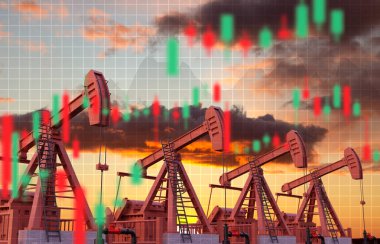 Petrol pompaları günbatımına karşı finansal grafiklerle. Enerji kaynaklarındaki dalgalanmalar ve çizelgeler. Petrol endüstrisi konsepti. 3d oluşturma